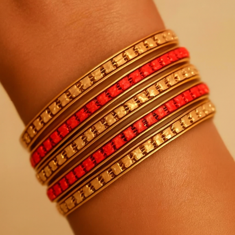 Women's Stunning Set of 5 Dainty Gold & Red Colors Bangle Bracelets Jewelry